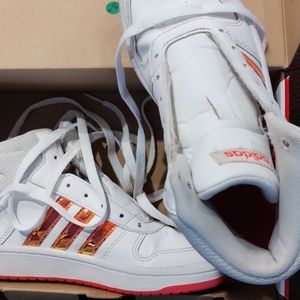 Sz 2 little girls orange/peach iridescent and white Adidas.